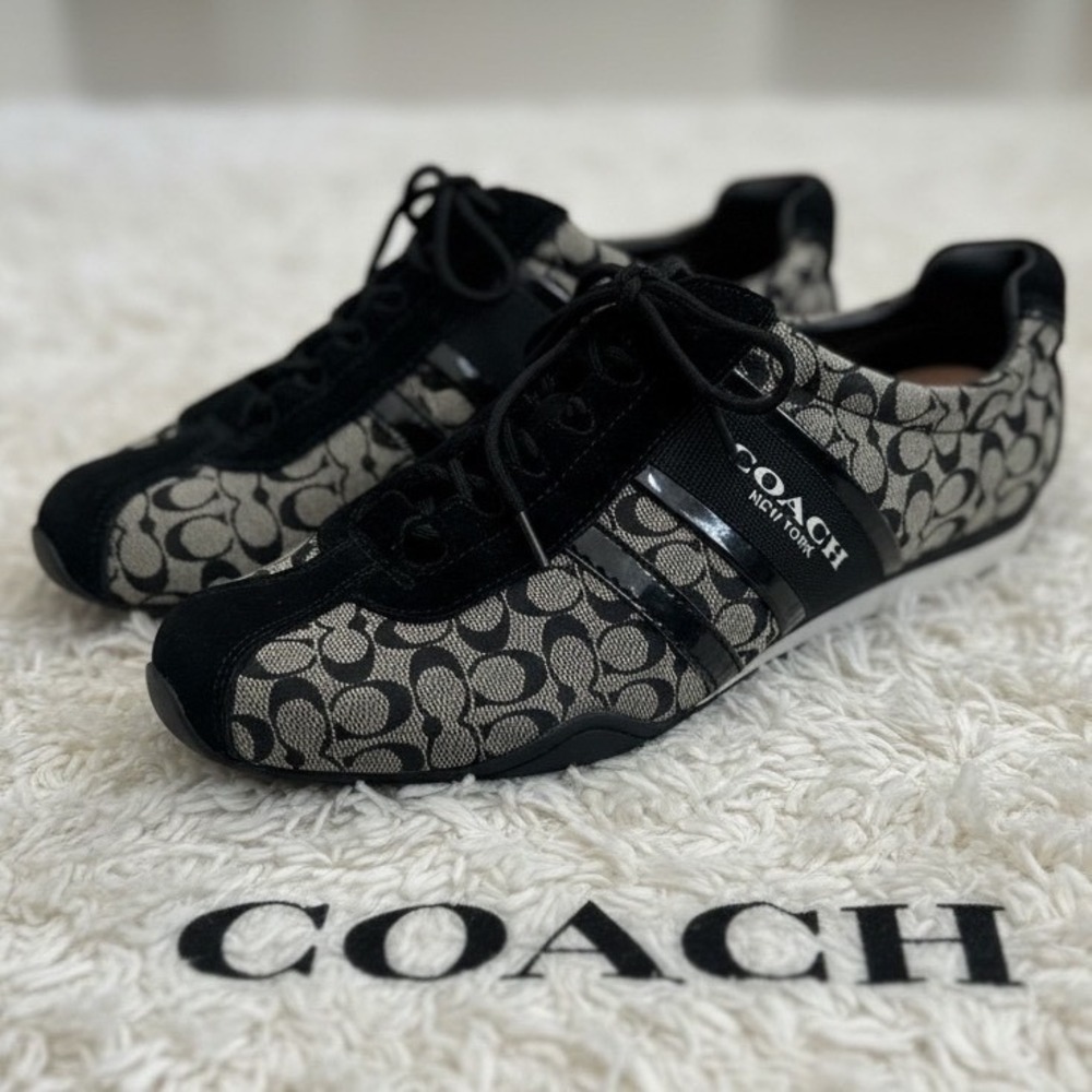 Coach Rekonna Signature Monogram Jacquard Suede Sneakers Black Gray Women 8M